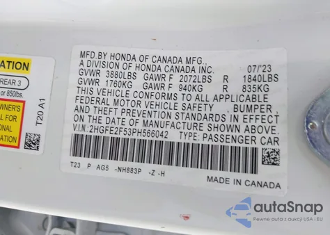 2023 Honda Civic Sport z USA, uszkodzony, nr VIN 2HGFE2F53PH566042